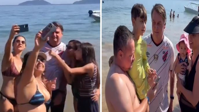 Bolsonaro vai à praia em São Paulo e é tietado por banhistas