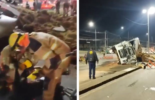Caminhão de maconha tomba em frente a Batalhão da PM