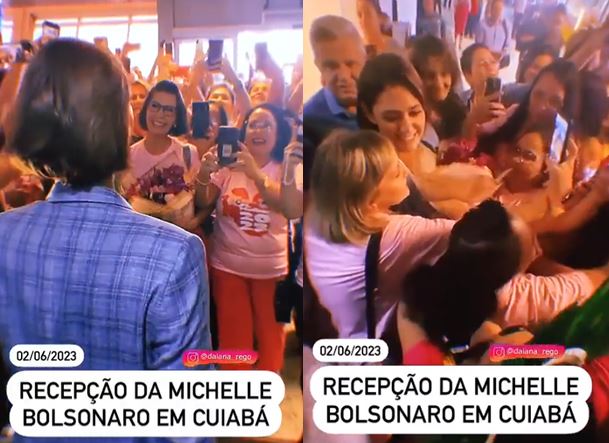 Michelle Bolsonaro tem recepção calorosa e recebe rosas na chegada em Cuiabá