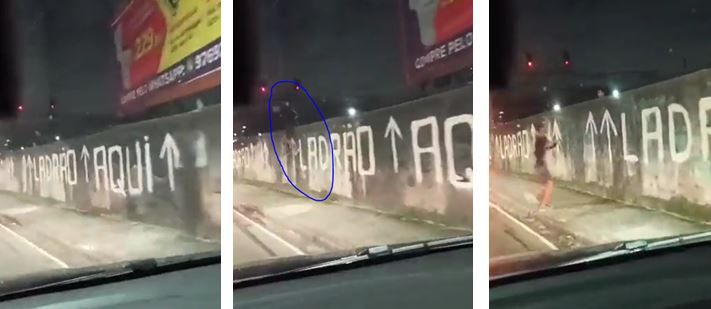 Homem rouba celular em frente a muro com aviso ‘Ladrão aqui’ no Rio