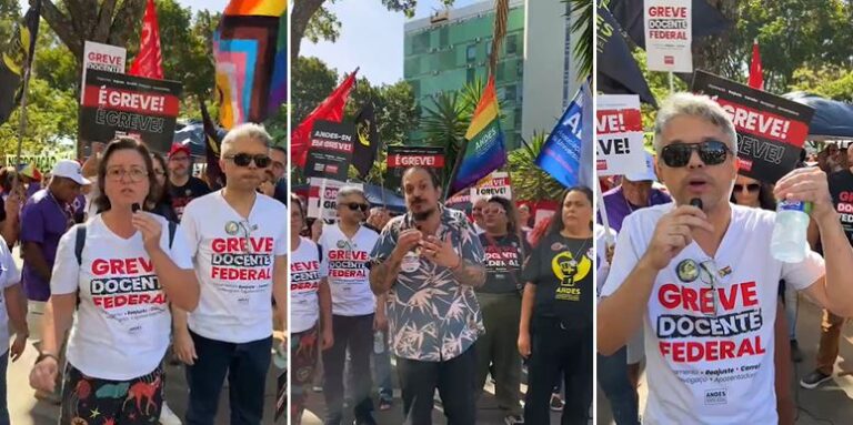 Professores em greve protestam em frente ao ‘Ministério da Gestão’