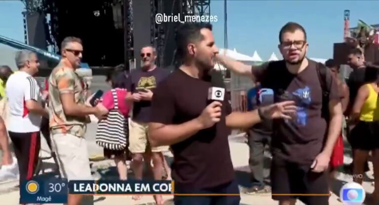 Homem interrompe reportagem da Globo-RJ e critica gastos com show da Madonna