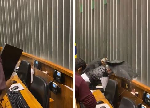 Chuva forte gera ‘cascata’ dentro da Câmara dos Deputados em Brasília