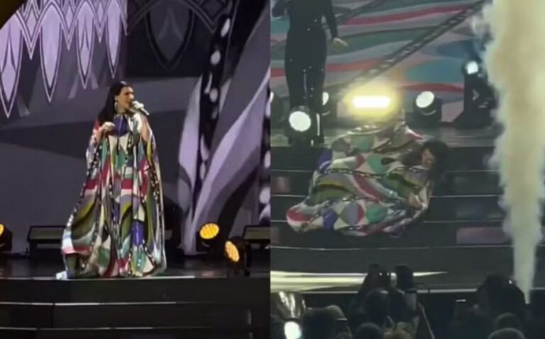 Laura Pausini sofre queda de palco durante show em Milão, na Itália