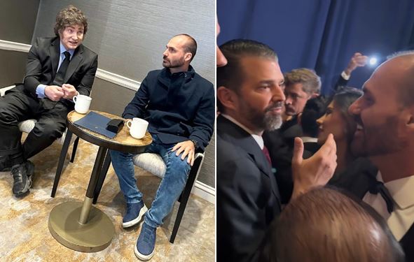 Eduardo Bolsonaro encontra Milei e Trump Jr. em baile de gala nos EUA