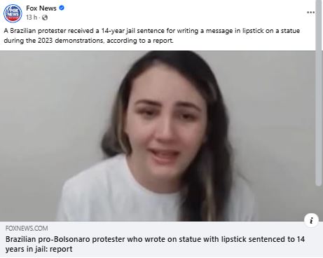 Imprensa dos EUA repercute condenação de 14 anos de Débora Rodrigues