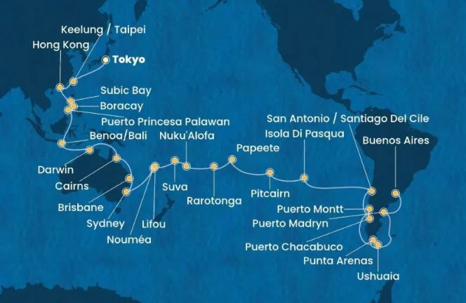 Cruzeiro de 66 dias conecta Japão e Argentina com 26 destinos e 14 ilhas