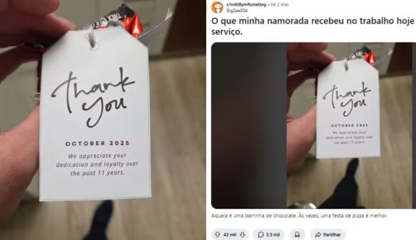 Funcionária recebe barrinha de chocolate ao fazer 11 anos de empresa e reclama