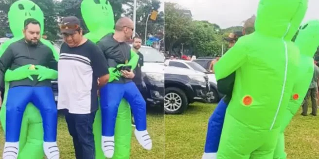 Policiais fantasiados de ET prendem acusado de roubo de celular em carnaval; Assista
